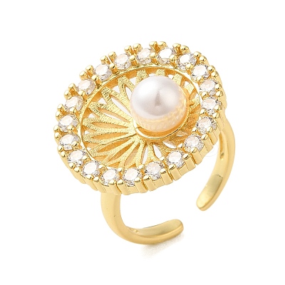 Flat Round Brass Micro Pave Clear Cubic Zirconia Open Cuff Rings for Women RJEW-A046-14G-1
