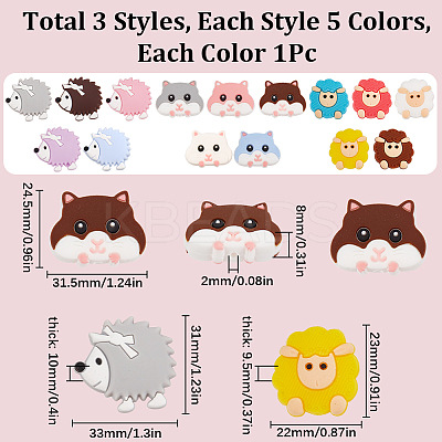 15Pcs 15 Style Animal Theme Food Grade Eco-Friendly Silicone Focal Beads SIL-SC0001-41-1