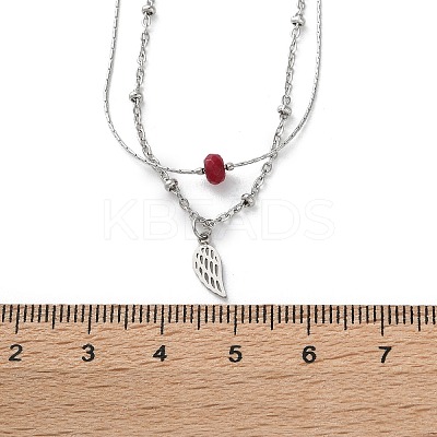 304 Stainless Steel & Dyed Natural White Jade Feather Pendant Double Layer Necklaces for Women NJEW-A045-20P-1
