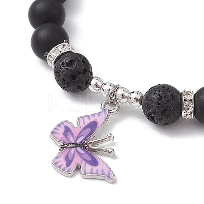 Natural Lava Rock & Black Agate Round Beaded Stretch Bracelet BJEW-JB10010-1