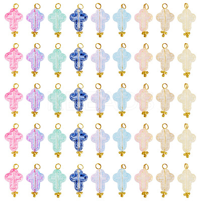 90Pcs 9 Colors Cross Transparent Spray Paint Glass Pendants PALLOY-TAC0169-1