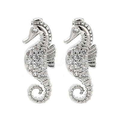 Sea Horse Brass Micro Pave Cubic Zirconia Ear Studs EJEW-D304-38P-1