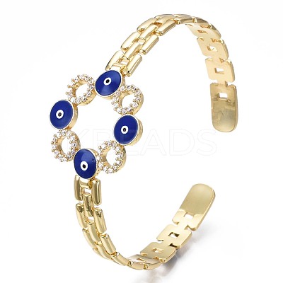 Cubic Zirconia Ring with Evil Eye Open Cuff Bangle with Enamel for Women BJEW-N012-014-1
