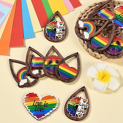 12Pcs 6 Styles Printed Aspen Wood Big Pendants WOOD-YW0001-23-1