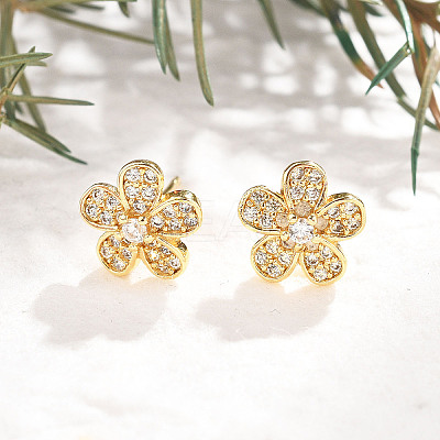 Flower Brass Micro Pave Clear Cubic Zirconia Stud Earrings EJEW-H162-03G-1
