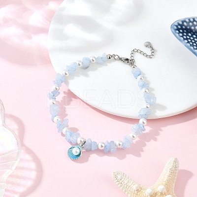 Alloy Enamel Shell Shape Charm White Round Shell Pearl & Natural Dyed Aquamarine Chip Beaded Anklets AJEW-AN00734-02-1