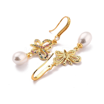 Butterfly with Imitation Pearl Beads Sparkling Cubic Zirconia Dangle Earrings for Her ZIRC-C025-31G-1