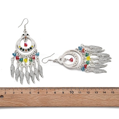 Ring & Feather Alloy & Glass Chandelier Earrings EJEW-G426-01AS-1