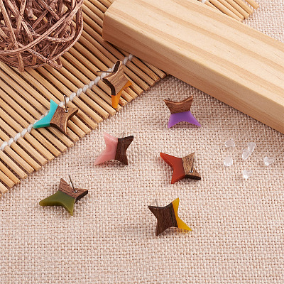 30Pcs 15 Colors Walnut Wood Star Stud Earrings EJEW-FW0001-02-1