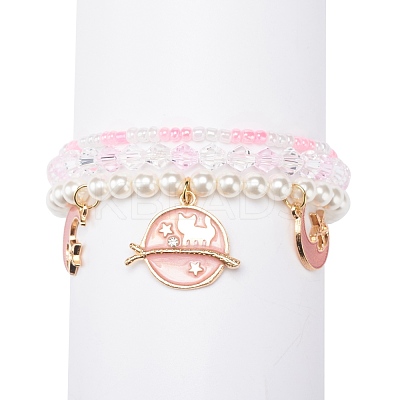 3Pcs 3 Style Shell Pearl & Glass Seed Beaded Stretch Bracelets Set BJEW-JB08705-02-1