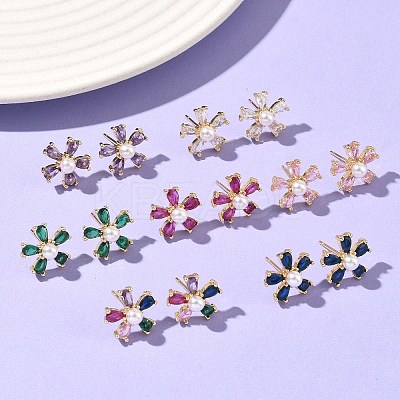 Flower Brass Cubic Zirconia Stud Earrings EJEW-P336-06G-1