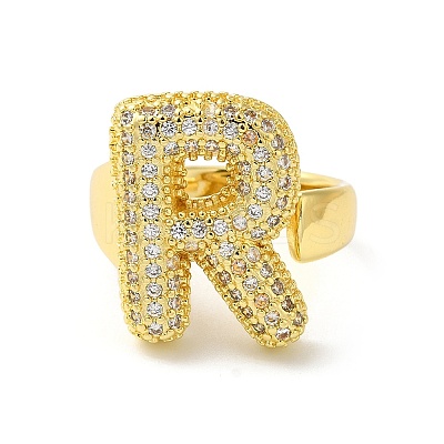 Letter Brass Micro Pave Clear Cubic Zirconia Open Cuff Ring for Women RJEW-N046-03R-G-1