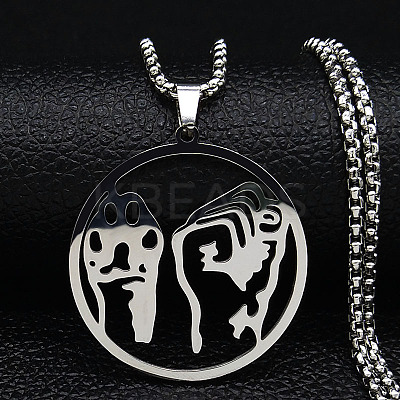 201 Stainless Steel Hollow Flat Round Animal Liberation Front Pendant Necklaces LS-NJEW-H065-20P-1