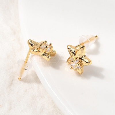 Brass Micro Pave Clear Cubic Zirconia Star Stud Earrings EJEW-C158-09G-1
