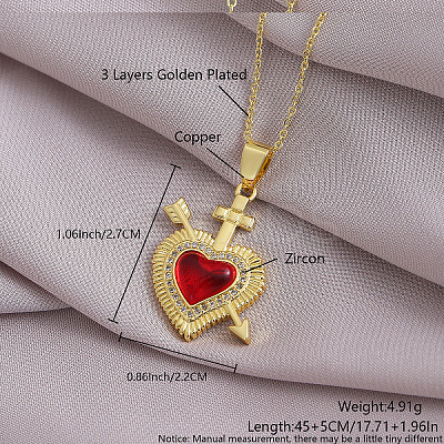 Brass Micro Pave Clear Cubic Zirconia and Red Resin Scared Heart Pendant with Arrow Necklaces for Women FS-WG476F5-20-1