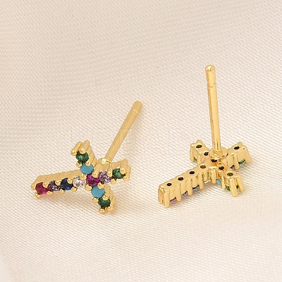 Rack Plating Cross Brass Micro Pave Cubic Zirconia Stud Earrings EJEW-H143-19G-1