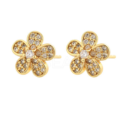Flower Brass Micro Pave Clear Cubic Zirconia Stud Earrings EJEW-H162-03G-1