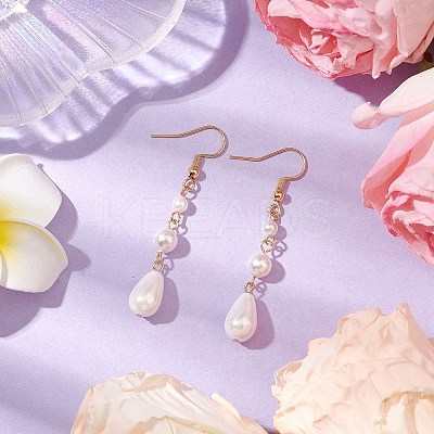 Teardrop Shell Pearl & Brass Dangle Earrings for Women EJEW-TA00513-1