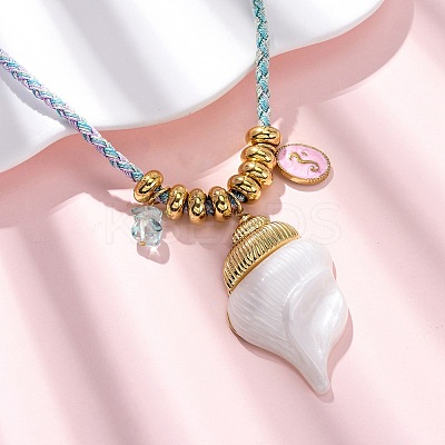 304 Stainless Steel Enamel & Natural Shell Pendant Cord Necklaces NJEW-L465-09G-02-1
