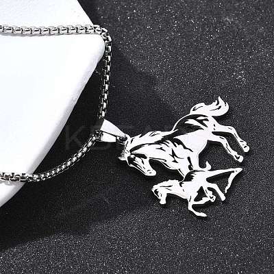 201 Stainless Steel Laser Cut Double Horse Pendant Box Chain Necklaces for Women Men LS-NJEW-E156-03P-1