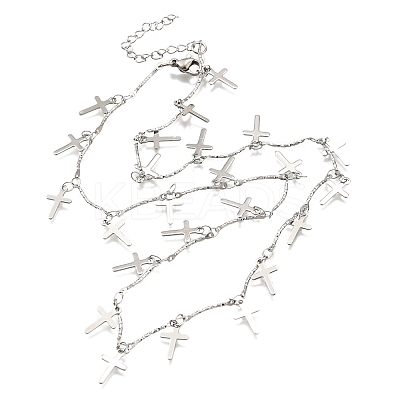 304 Stainless Steel Textured Link Bar Cross Charm Tassel Necklaces NJEW-R023-01P-1