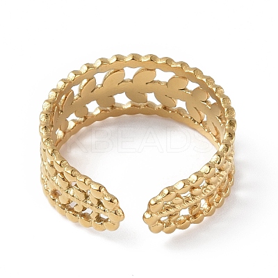 Ion Plating(IP) 304 Stainless Steel Leafy Branch Open Cuff Ring for Women RJEW-C046-02G-1