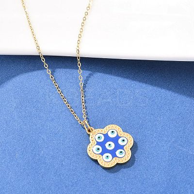 304 Stainless Steel Enamel Blue Evil Eye Flower Pendant Necklaces for Women NJEW-A064-02G-1