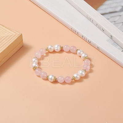Natural Rose Quartz & Pearl Round Beaded Stretch Bracelet for Women BJEW-JB09246-03-1