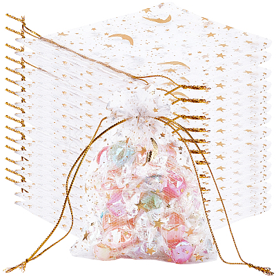50Pcs Gold Stamping Moon & Star Organza Drawstring Gift Storage Bags OP-BBC0001-03A-01-1