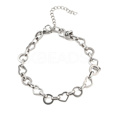 304 Stainless Steel Heart & Flat Round Link Bracelets for Men & Women BJEW-D042-24P-1