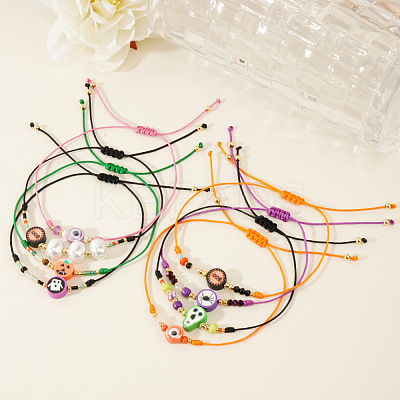 8Pcs Halloween Handmade Polymer Clay & Glass Seed Bead Woven Braided Bracelets MC3836-1