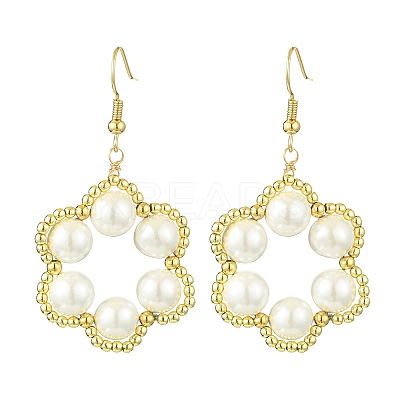 Flower Shell Pearl & Non-magnetic Synthetic Hematite Bead Dangle Earrings EJEW-JE05773-1