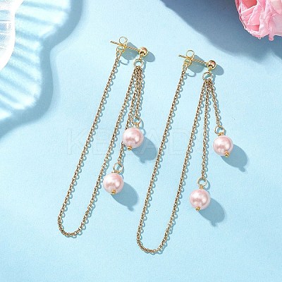 304 Stainless Steel Shell Pearl Round Bead Tassel Stud Earrings EJEW-JE06663-1