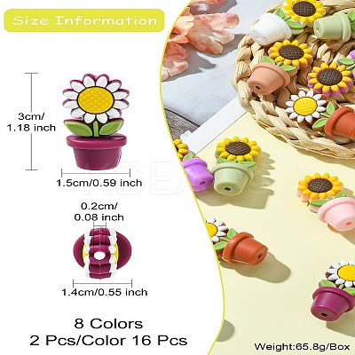 16Pcs 8 Colors Sunflower Flowerpot Food Grade Eco-Friendly Silicone Beads SIL-CJ0001-61-1