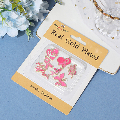 7Pcs 7 Styles October Breast Cancer Pink Awareness Ribbon Brass Enamel Pendants KK-BBC0020-36-1