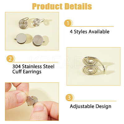 16Pcs 4 Styles Brass & 304 Stainless Steel Cuff Earrings EJEW-HS0001-18P-1