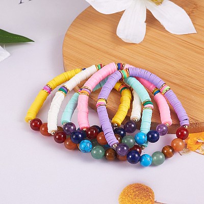 Round Natural & Synthetic Stone Beads Stretch Bracelets Set BJEW-SW00014-1