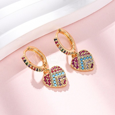 Heart Brass Micro Pave Clear Cubic Zirconia Hoop Earrings EJEW-F384-09G-1