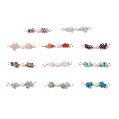 Natural Mixed Stone Chip & Natural Cultured Freshwater Pearl Rice Beaded Connector Charms PALLOY-JF03707-1