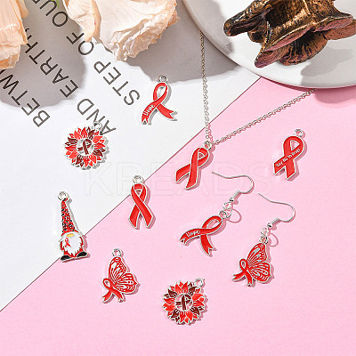 14Pcs 6 Styles No To Drugs Red Awareness Ribbon Theme Alloy Enamel Pendants ENAM-FS0003-47-1