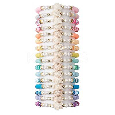 16Pcs 16 Colors Summer Beach Sea Turtle Synthetic Turquoise & Shell Pearl & Polymer Clay Beaded Stretch Bracelet Sets BJEW-JB10810-1
