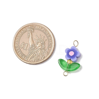 5Pcs 5 Colors Handmade Polymer Clay Flower Connector Charms with Glass Leaf PALLOY-MZ00803-01-1
