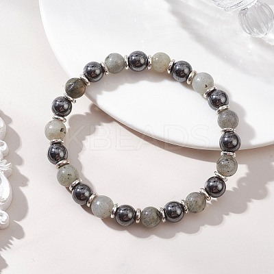 Non-Magnetic Synthetic Hematite & Natural Labradorite Beads Stretch Bracelets for Women Men BJEW-JB13404-1