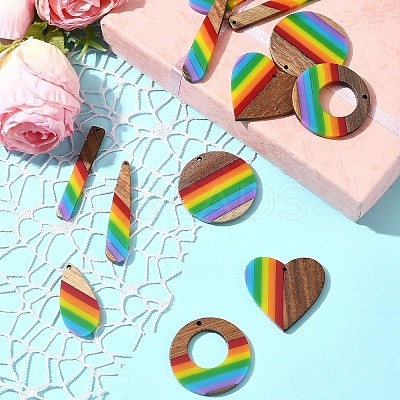 12Pcs 6 Styles Pride Rainbow Theme Resin & Walnut Wood Pendants WOOD-FS0001-32-1