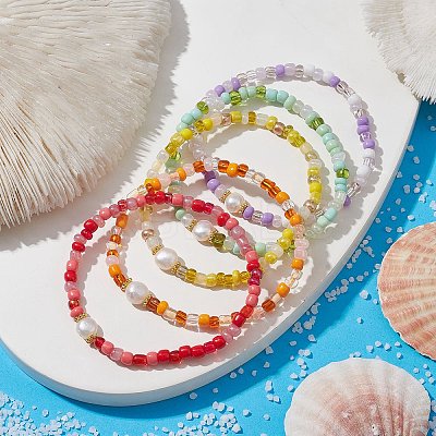 Grass Seed & Natural Pearl Beaded Stretch Bracelets for Women BJEW-JB09705-1