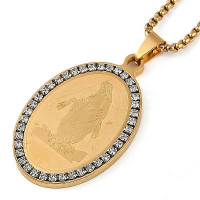 201 Stainless Steel Crystal Rhinestone Religion Virgin Mary Oval Pendant Box Chain Necklaces LS-NJEW-D089-04G-1