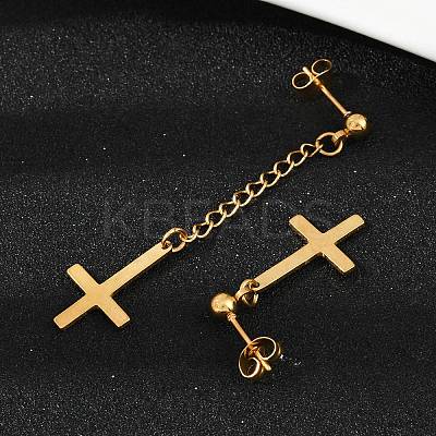 Christian Upside Down Cross 201 Stainless Steel Dangle Stud Earrings LS-EJEW-P314-01C-G-1