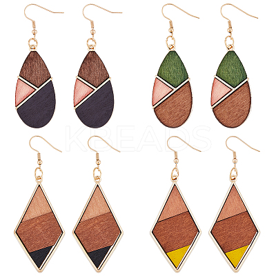 4 Pairs 4 Colors Natural Wood Teardrop & Rhombus Dangle Earrings EJEW-FI0001-46-1