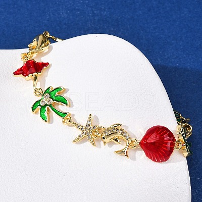 Ocean Theme Brass Cubic Zirconia with Enamel Link Bracelets for Women BJEW-F514-01A-G-1
