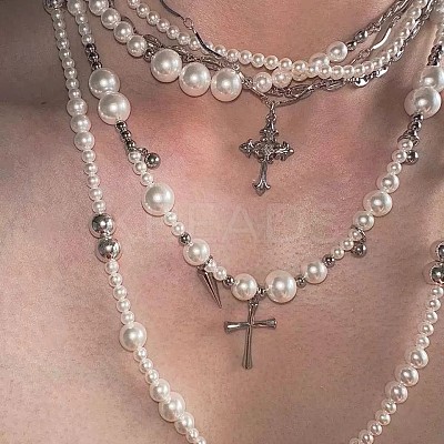 2Pcs Cross Stainless Steel & Plastic Imitation Pearl Pendant Multi Layered Necklaces for Women FS-WGBBA27-03-1